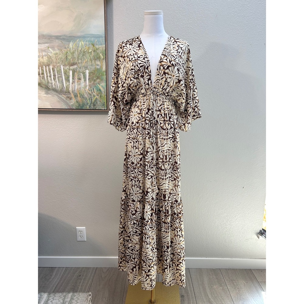 Zury Silk Blend Floral Gold Metallic Boho Maxi Dress Brown Cream Kaftan OS